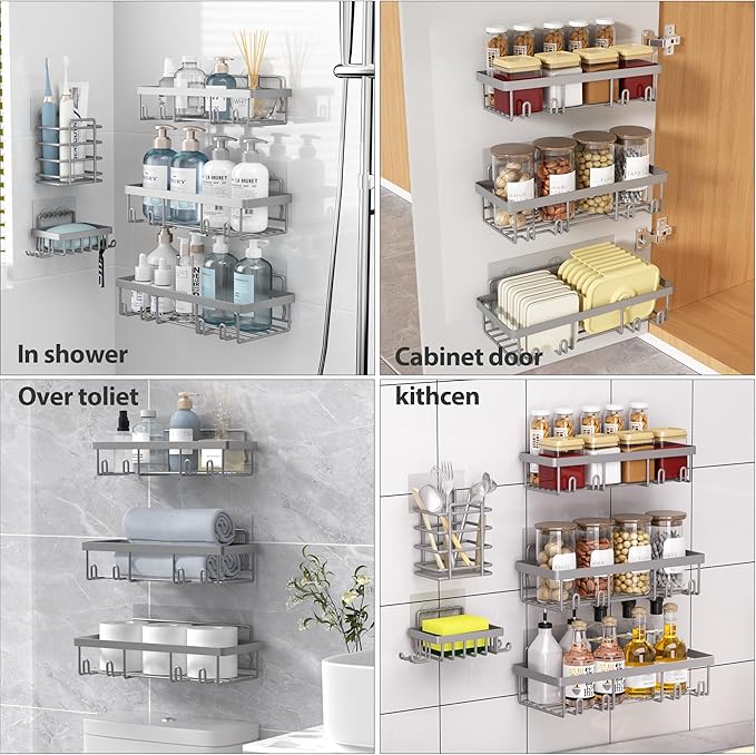5 Pack Shower Caddy Organizer Rack Shelf for Inside Shower, Self Adhesive Bathroom Wall Storage Basket Rustproof Stainless Steel Large Capacity Shampoo Holder, Grey