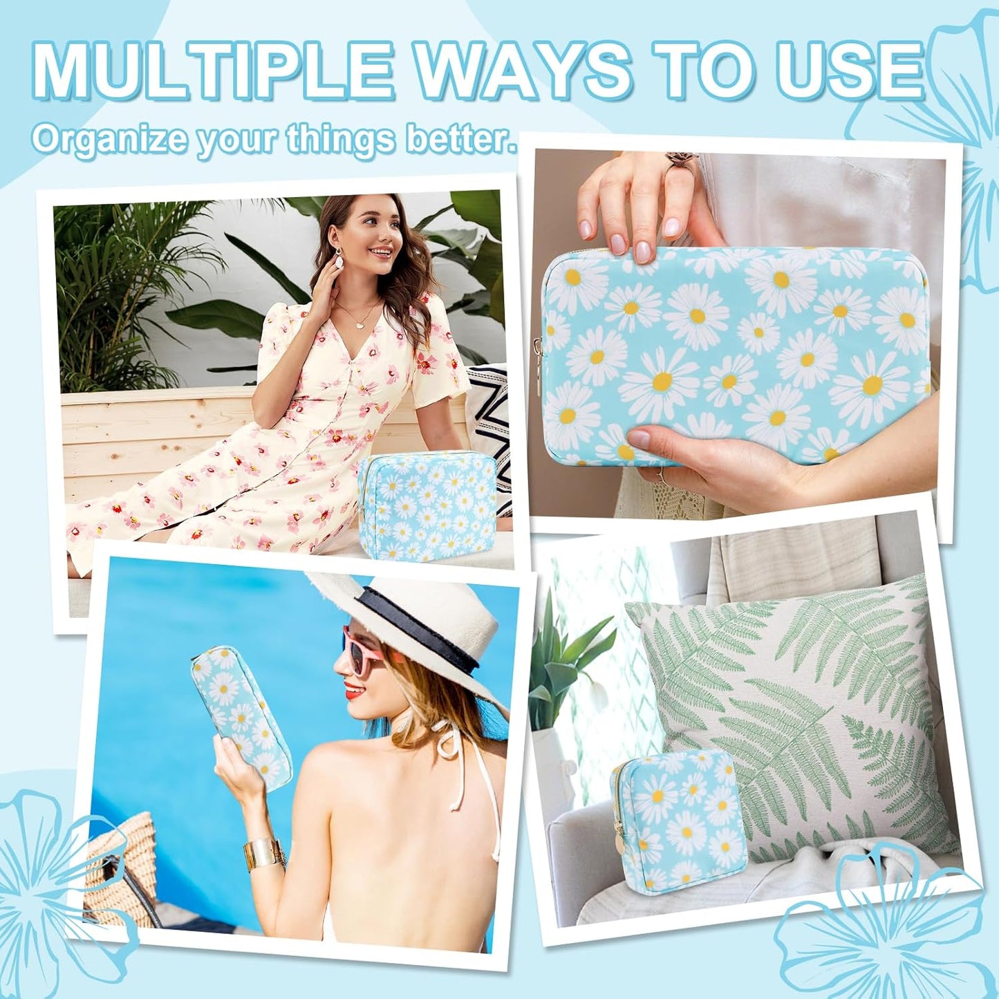 Waterproof Large Floral Makeup Pouch,Nylon Travel Toiletry Storage Purse Preppy Cosmetic Bag for Women Girl,Large Capacity Makeup Organizer Zipper Pouch for Work(L Blue-Daisy)