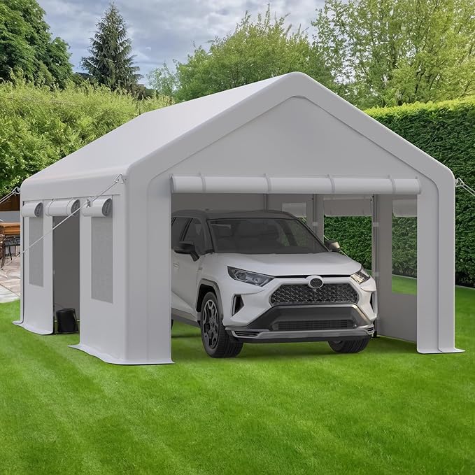 10x20ft Carport Heavy Duty, Portable Garage with 4 Doors + 4 Window, Upgraded Carport with Reinforced Steel Poles, Uv Resistant Waterproof Tarp, Portable Carport for Car, Truck, Boat