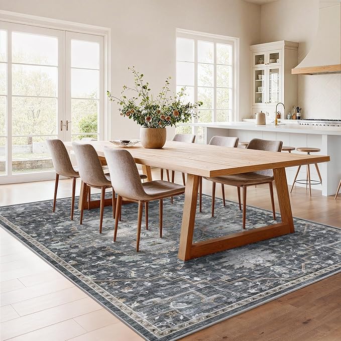 AMADA HOMEFURNISHING 6x9 Area Rugs, Blue Low-Profile Washable Rug with Non-Slip Backing & Durable Edge Binding, Vintage Rugs for Living Room, Bedroom, Dinning Room