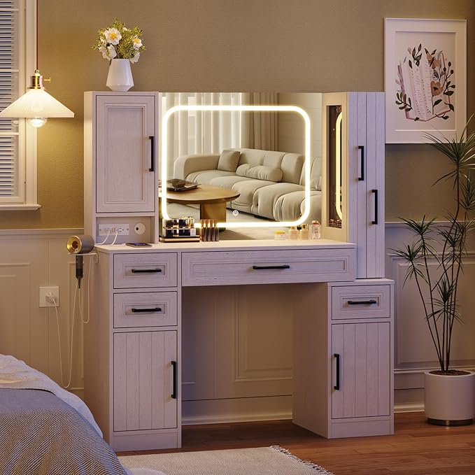 Maupvit Makeup Vanity with Lighted Mirror & Power Strip, Large Vanity Desk with Sliding Jewelry Storage Shelves, 4 Drawers, 3 Cabinets & Hairdryer Rack, 3 Lighting Modes, Bedroom Dressing Table,White