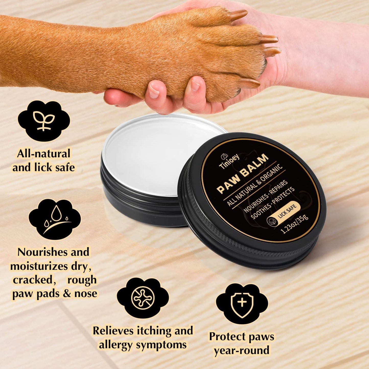 Tinioey All-Natural Lick Safe Dog Paw Balm for Dogs & Cats | 2 Pack Dog Paw Pad Balm Paw Protector, Moisturizer & Soother for Dry Cracked Paws & Noses | Snout Soother for Dogs (1.23oz*2)