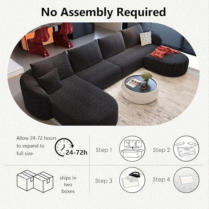 138.6" Modular Sectional Couches Luxury Modern Curved Back U-Shape Sofa Set with Ottoman,Minimalist Comfy Boneless Cloud Couch for Living Room Apartment,(Left Facing Chaise,Black)