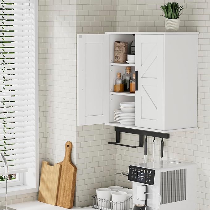 Bathroom Wall Cabinet, Over Toilet Storage Cabinet with Barn Doors and Adjustable Shelves, 3-Tier Medicine Cabinet Wall Mounted, for Bathroom, Kitchen, Entryway, Laundry Room, White, (11.8" D)