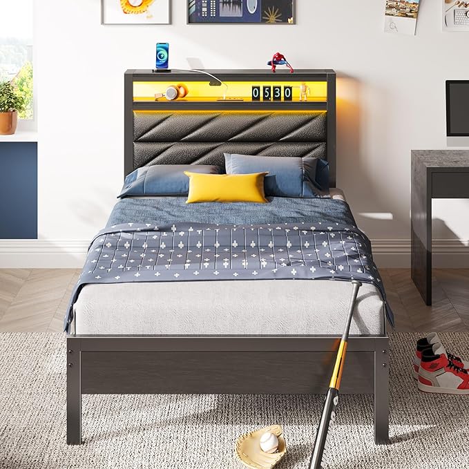 Seventable Twin Bed Frame with Charging Station & LED Lights, Upholstered Headboard with 2-Tier Storage Shelves, Metal Platform with Under Bed Storage, No Box Spring Needed, Easy Assembly, Black