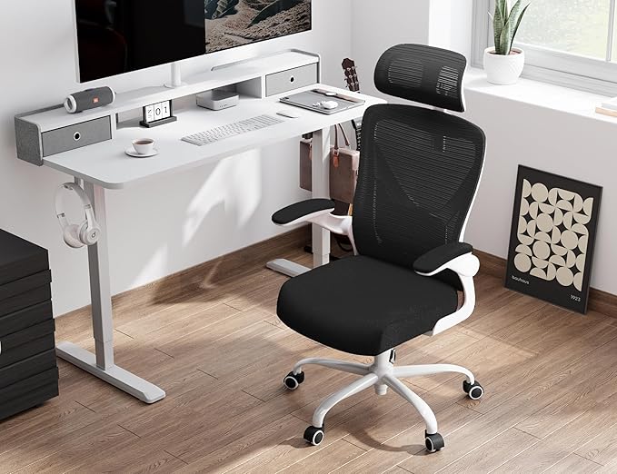 Ergonomic Office Chair - Computer Desk Chair with Adjustable Lumbar Support - 300lbs Executive Desk Chair High Back with Headrest Flip-Up Arms for Long Hours, Rolling Chair (White Black)