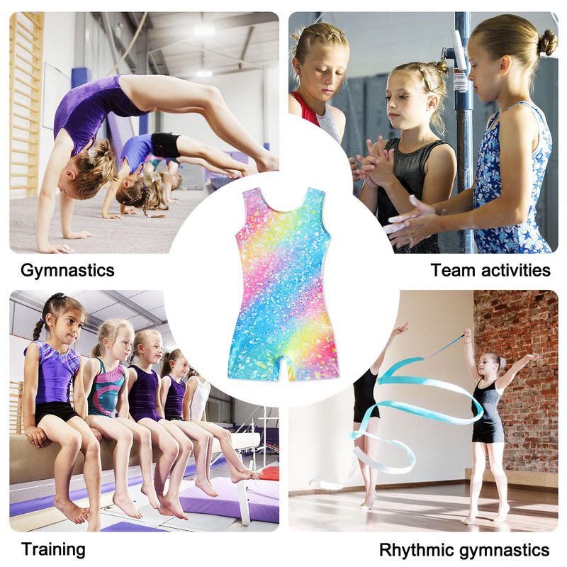 Funnycokid Gymnastics Leotards for Girls Dance Outfits Unitard Sparkly Clothes with Shorts, diamond 01, 5-6 Years