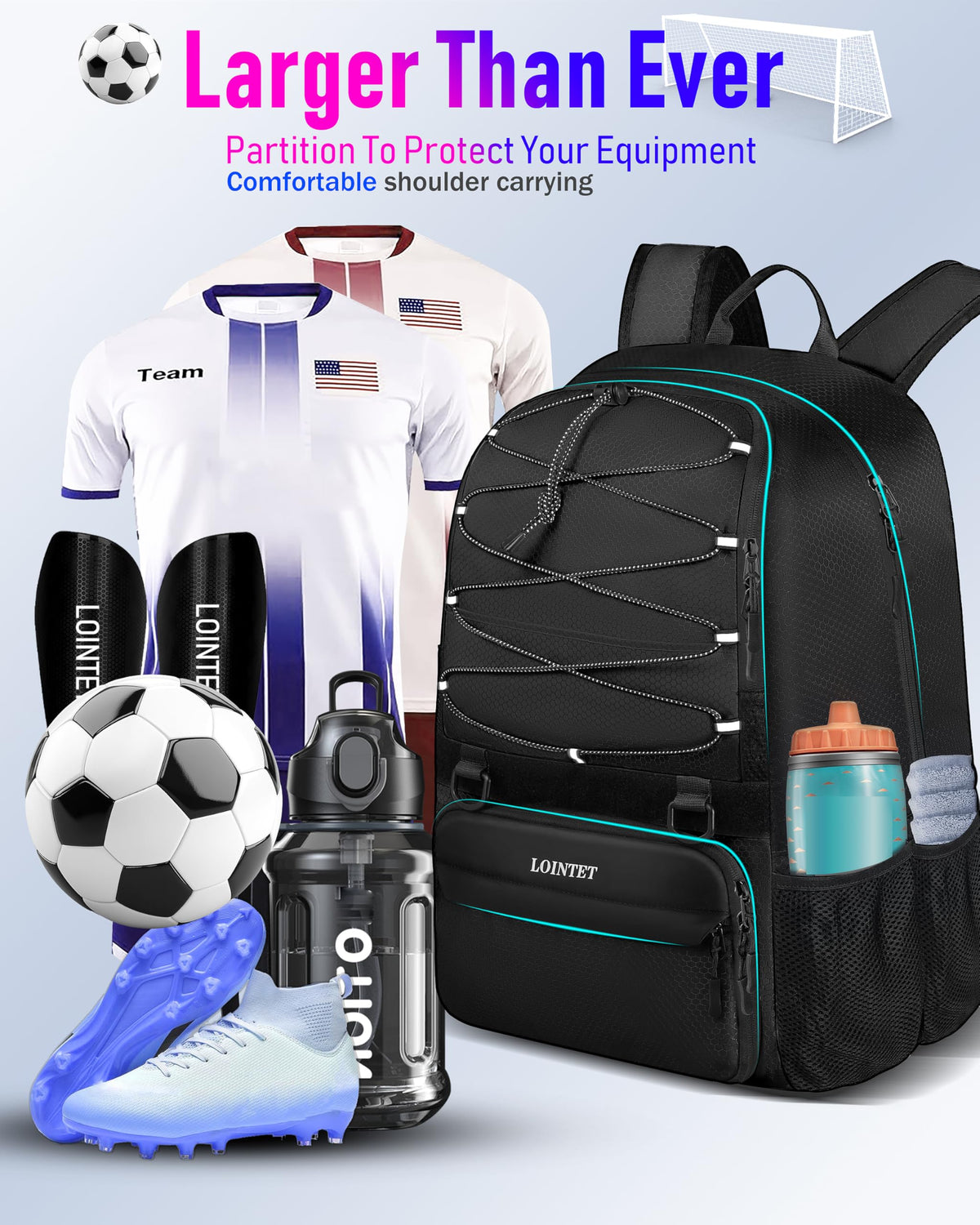 LOINTET Youth Soccer Bag, Soccer Backpack with Ball Compartment, Sports Equipment Training Bags Fits Basketball Football Volleyball and Accessories, Black