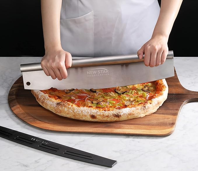 New Star Foodservice Stainless Steel Pizza Cutter (18") and Acacia Wood Pizza Peel (20") Combo Set