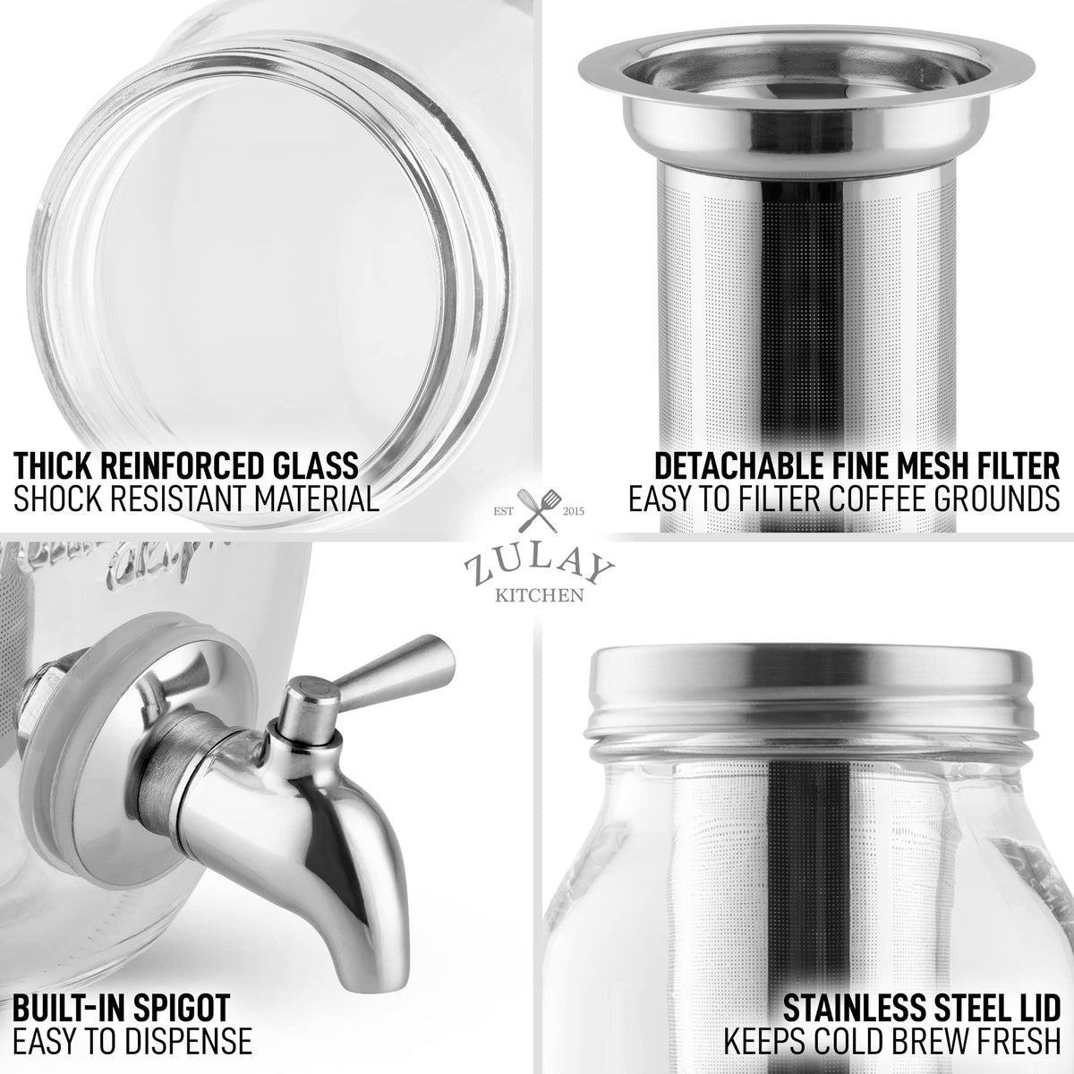 Zulay Kitchen 1.5 Liter Cold Brew Coffee Maker with EXTRA-THICK Glass Carafe & Stainless Steel Mesh Filter - Premium Iced Coffee Maker, Cold Brew Pitcher & Tea Infuser