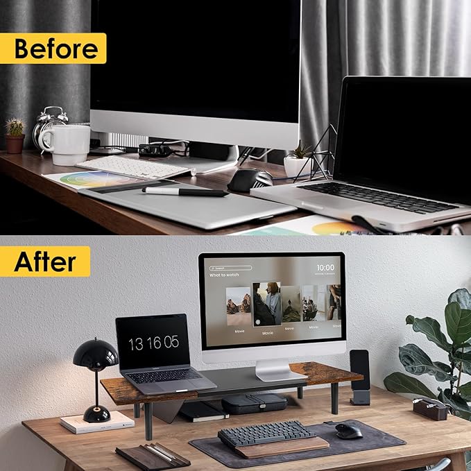 Dual-Monitor-Stand-Riser-For-Desk Adjustable Length 32-40 Inch, Large Desktop Computer Monitor Riser For 2 Screens, Desk Shelf Organizer Riser Stand For Computer/Laptop/PC/Printer/TV Brown