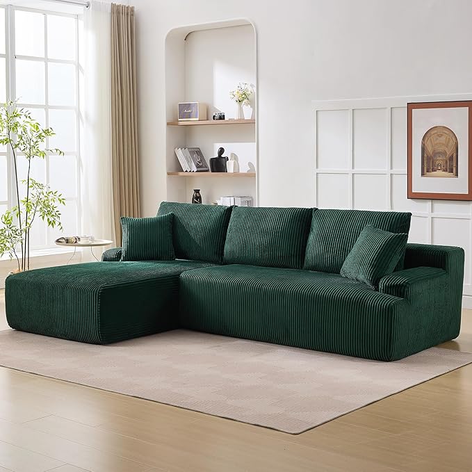 Sectional Cloud Couch for Living Room L Shaped Couch with 3 Seat Ind. Chaise Longue Corduroy Fabric Boneless Modular Modern Sofa with Pillows for Apartment and Small Space