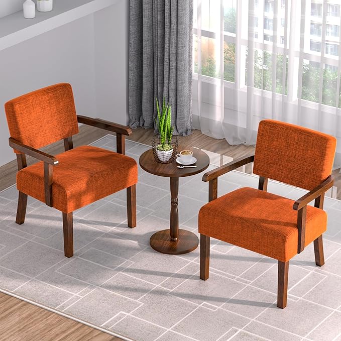 Accent Chair Set of 2 with Table, Upholstered Living Room Chairs with Wood Frame, Modern Oversized Reading Armchair for Bedroom Waiting Room (Orange)