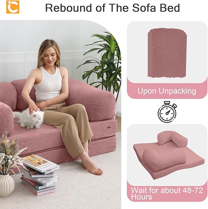 COMAX Folding Sofa Bed Queen, 4-in-1 Convertible Foldable Floor Couch Futon Sofa with Armrests, Sleeper Mattress Fold Out Chair Bed Comfy Portable Lounge Guest for Living Room Bedroom, Pink