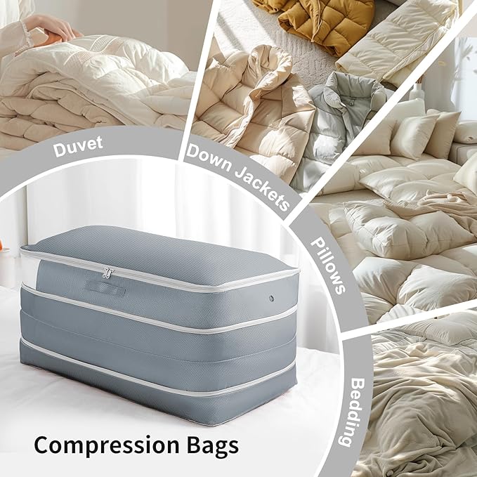 Comforter Storage Bag - Large Capacity Bedding Storage Bags Ultra Space Saving Self Compression Organizer, Washable Compression Bags for Storage Comforter Blanket Duvet Pillow, 2-Pack, Grey