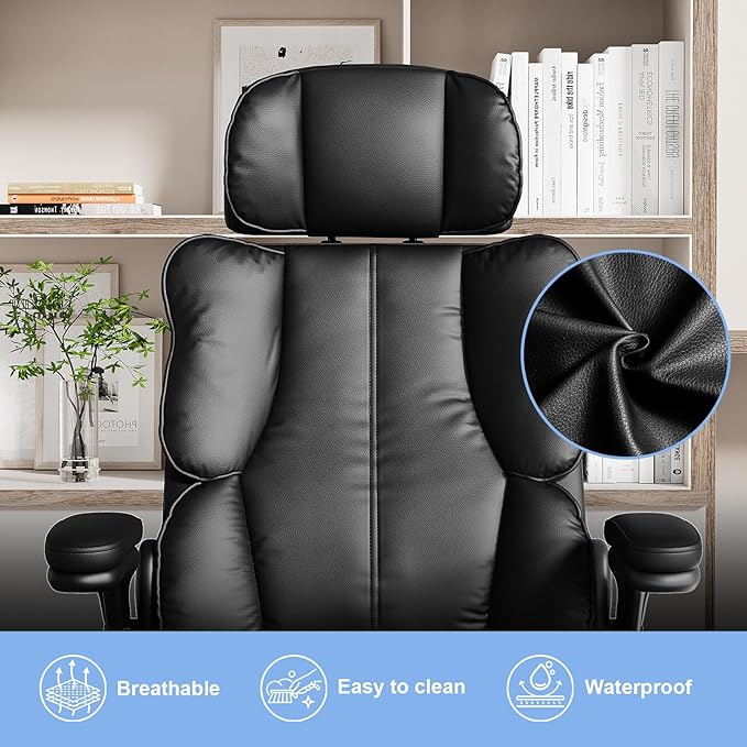 Executive Leather Office Chair, Computer Chair with Thick Cushion & Lumbar Support, Ergonomic Desk Chair with Adjustable Headrest & Armrests,Black
