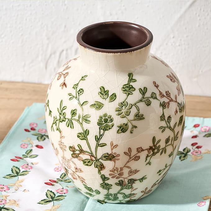 SIDUCAL Ceramic Green and Beige Antique Vase, 5.83 Inch Retro Ice Cracked Chinoiserie Floral Vase, Rustic Farmhouse Vases for Home Decor, Bookshelf, Office, Garden, Chinoiserie Decor, Tuscan Decor