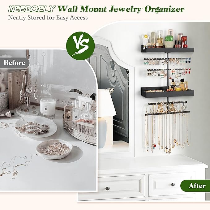 Keebofly Wall Mounted Jewelry Organizer with 2 Tired Shelves & Ring Holder- Jewelry Holder Wall Storage Display for Earrings, Necklace, Bracelet in Bathroom Bedroom, Black