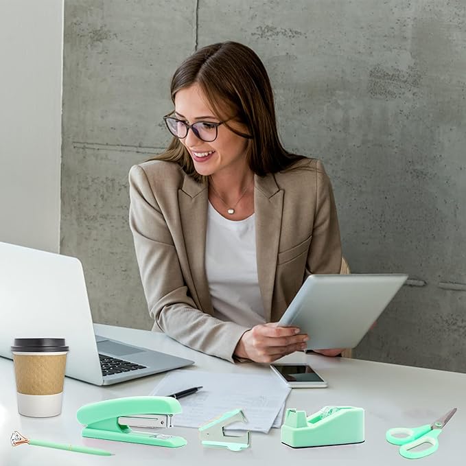 Green Office Supplies, Purple Desk Accessories, Stapler, Staple Remover, Tape Holder, Pen Holder, Ballpoint Pen, Scissor, Binder Clips, Paper Clips and 1000pcs Staples.