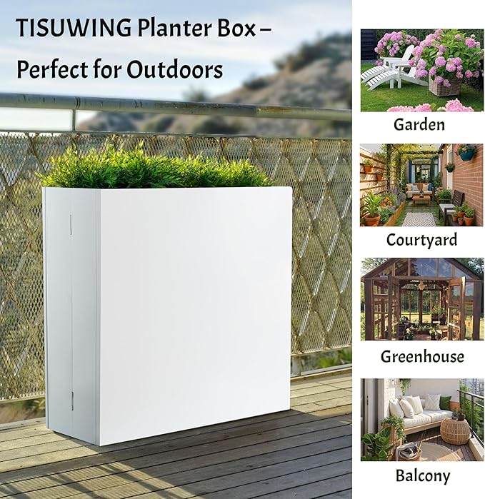 Metal Rectangular Planter, 35.5"x 10"x 28" White Planter Box for Outdoor, Easy Installation Galvanized Steel Planter with Drainage Holes, Outdoor Planter for Porch/Patio/Garden
