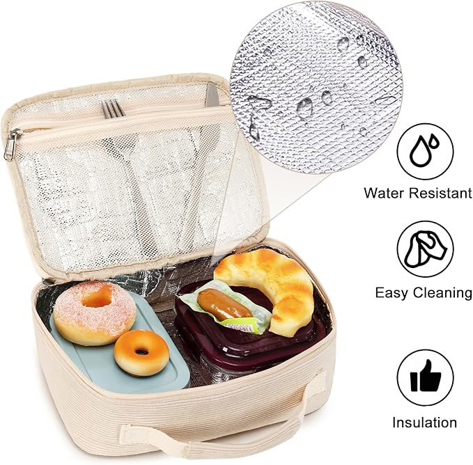 Bluboon Kids Girls Lunch Bag Insulated Lunch Box for school Corduroy Lunch Cooler Organizer School Kids Lunch Tote (Corduroy-White)