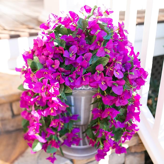 Faux Bougainvillea Artificial Flowers Plants for Outdoors Outside Decoration, 2 pcs Purple Fake Flowers UV Resistant Look Real Silk Long Trailing Vines for Front Door Porch Planter Urn Patio Garden