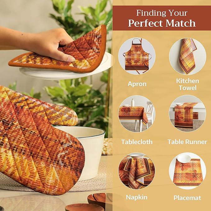 Maison d' Hermine Oven Gloves 100% Cotton Oven Mitt 7" x 13" with Loop Heat Resistant Cooking Gloves for Thanksgiving Christmas Decorations Baking Handling Hot Pans (Pack of 1, Thanksgiving Tartan)