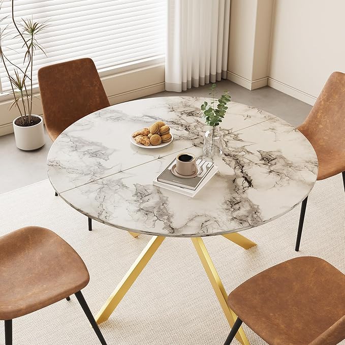 46.4" Round Dining Table Set with 4 Chairs, Modern Dining Set with Comfortable PU Leather Chairs, Sturdy MDF Table with X-Shaped Base, Easy Assembly, Ideal for Dining Room or Kitchen