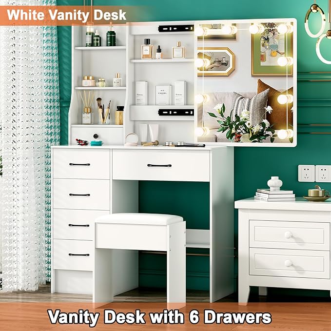 Makeup Vanity with Sliding Mirror and Lights, Modern Vanity Table with Stool and 6 Drawers, White Vanity Desk with Lights for Bedroom, Dressing Table Set for Petite Women and Girls, White