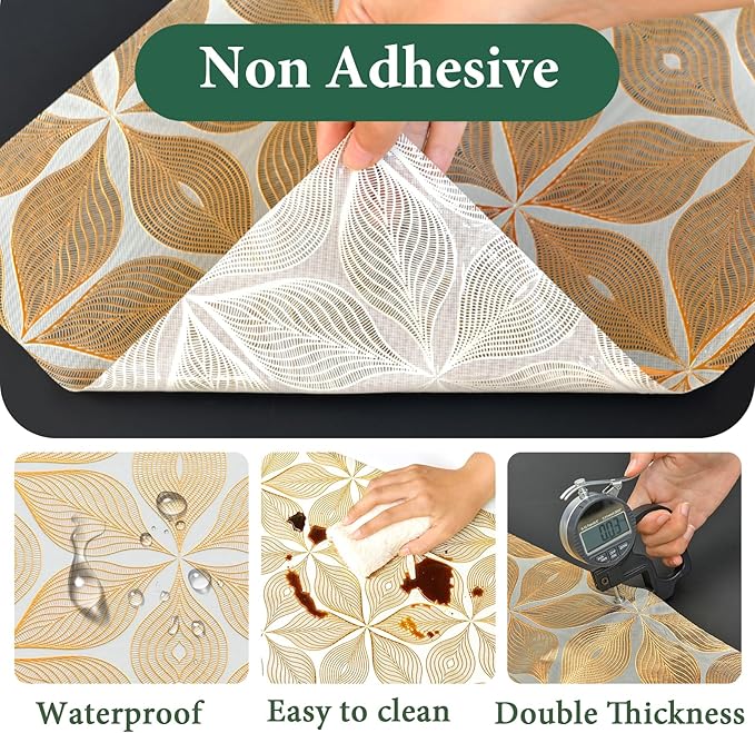 3D Drawer and Shelf Liner for Kitchen Cabinet: 17 in X 30 Ft Waterproof Shelf Paper Non Adhesive Refrigerator Liners Golden Leaf Easy Liners for Bathroom with Knife Tape Measure