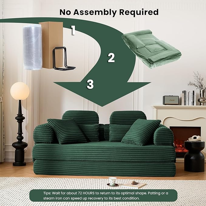Convertible Sofa Bed,79'' Foldable Sleeper Lounge Modular Couch Comfort Compression Sofa Loveseat for Small Spaces Comfort for Apartment Bedroom (Corduroy Fabric, Dark Green1)