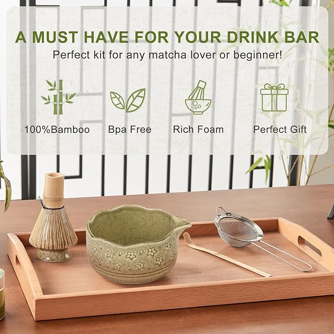 5Pcs Matcha Whisk Set, 18OZ Bowl With Spout, Japanese Ceremony Matcha Whisks Kit, 100% Natural Bamboo Whisk, Ceramic Whisk Holder (Green), Stainless Sifter, Tea Scoop, Gift for Matcha Lovers Beginner