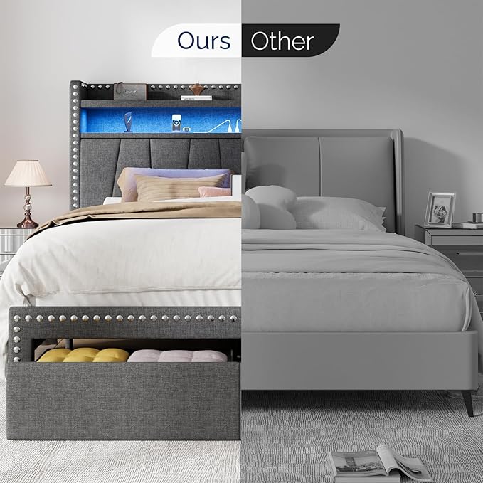 Full Size Bed Frame with Storage Headboard and Drawers Modern Rivets Upholstered Bed Frame with LED Charging Station Full Bedframe No Box Spring Needed