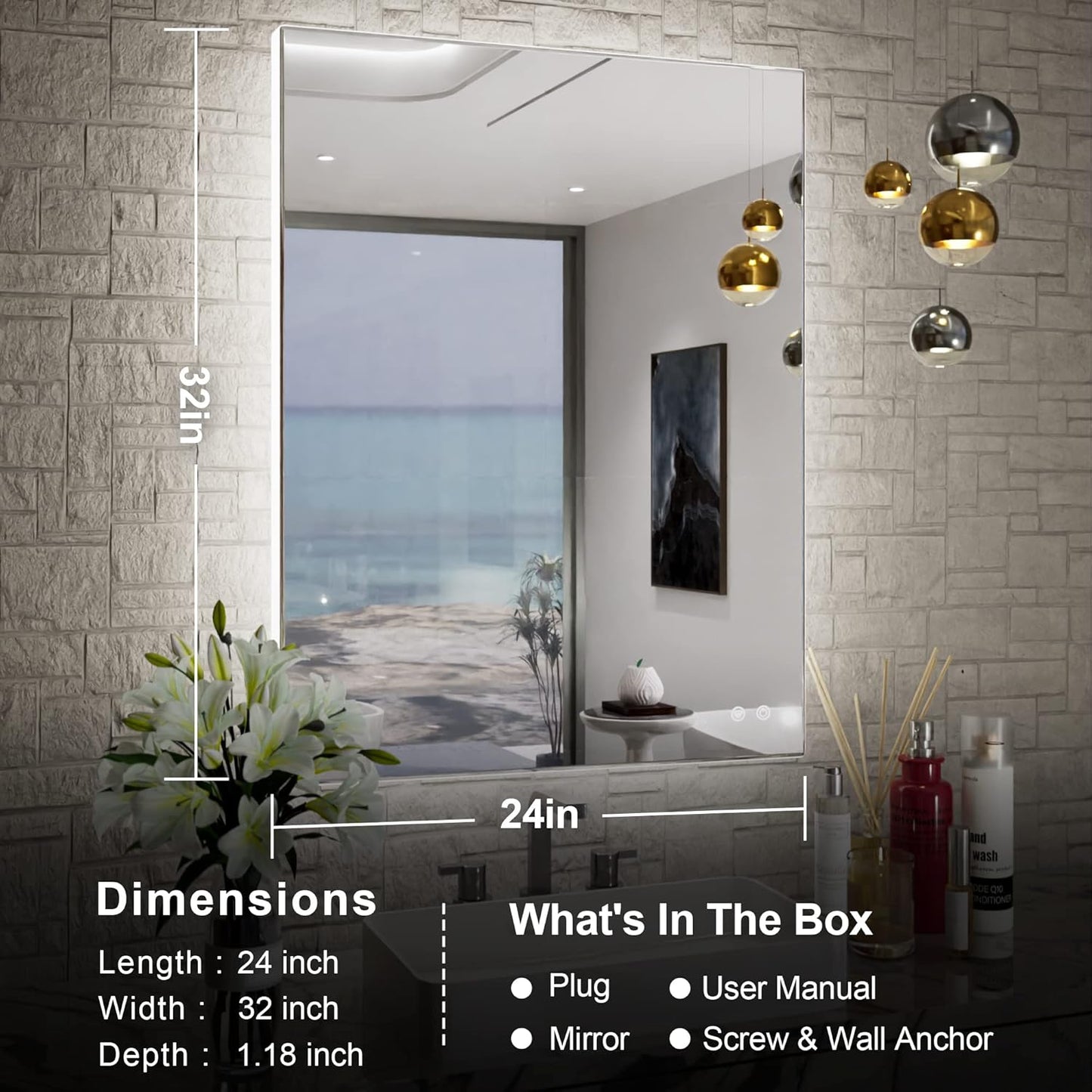 TETOTE 24x32 LED Backlit Mirror Bathroom with Light,3Color White/Warm/Natural,Anti-Fog Lighted Mirror,Dimmable,Vanity Mirror,Wall Mounted