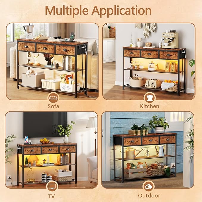 Furologee Console Table with Charging Station & 3 Fabric Drawers, 38'' Entryway Table with Storage Shelves and LED Light for Entry Way, Industrial Display Shelf for Hallway, Foyer, Rustic Brown