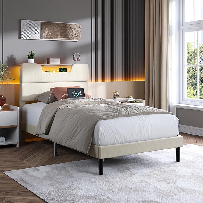 Twin Bed Frames for Kids, Twin Size Bed Frames with Upholstered Headboard, Modern Platform Bed with Charging Station and Led Lights, Sturdy Wooden Slats