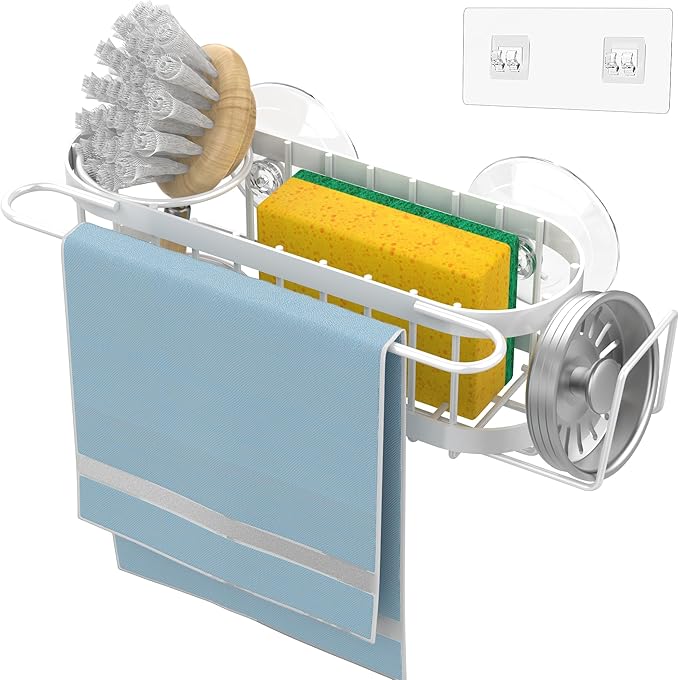 Cisily Kitchen Sink Caddy Sponge Holder in The Sink, Stainless Steel Kitchen Sink Organizer, Brush Holder, Dish Cloth Hanger, Sink Stopper Holder with Suction & Adhesives Installation Ways (White