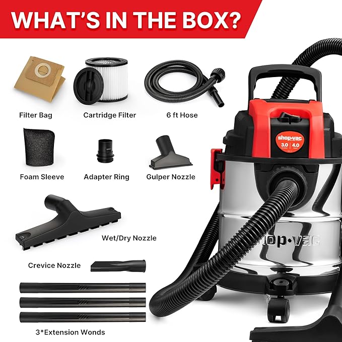 Shop-Vac 3 Gallon 4.0 HP Wet/Dry Vacuum with Blower Function, Stainless Steel Tank, Portable Shop Vacuum with Wheels, Includes Filters, Hose & Accessories, Ideal for Garage and Workshop