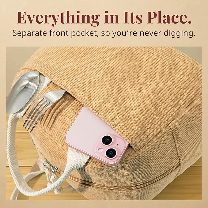 Insulated Lunch Bag for Women Men, Stylish Corduroy Tote Bag with Aluminum Lining, Large Capacity Reusable Cooler for Work, Travel, or Beach, Camel Brown Lunch Box