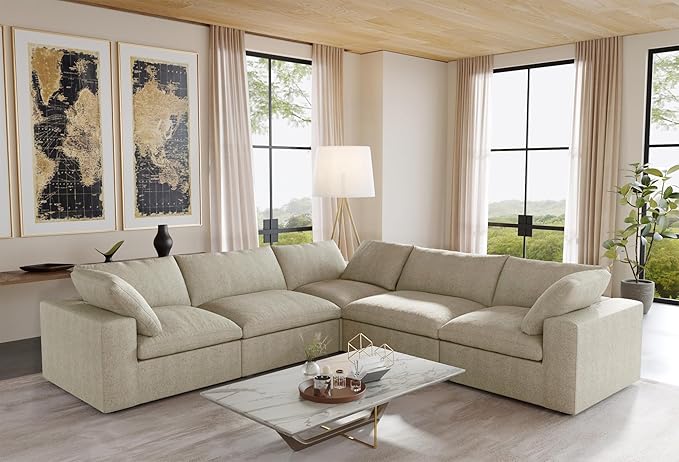 WJShome Cloud Modular Sectional Sofa,160.6" Down Filled 5 Seater Couch,V Shaped Oversized Convertible Sectional Sofa for Living Room,Covers Removable & Washable, Khaki