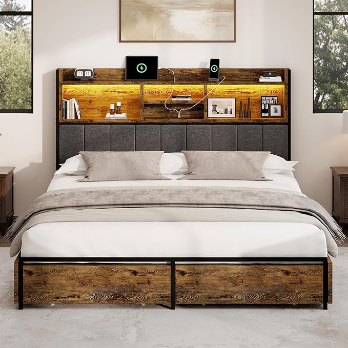 Queen Bed Frame with 6 Storage Drawers, Linen Upholstered Headboard, Built-in USB Charging Station & LED Lighting, Silent Metal Support, No Box Spring Needed, Vintage Brown