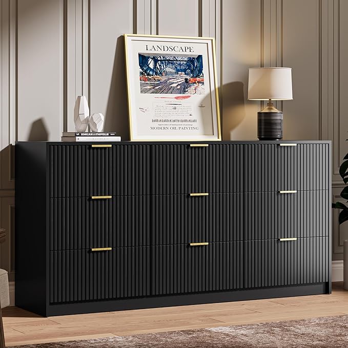 Black Dresser for Bedroom, 9 Drawer Double Dresser, Modern Chest of Drawers for Bedroom, Living Room, Entryway and Closet, 63" L x 15.7" D x 31.5" H
