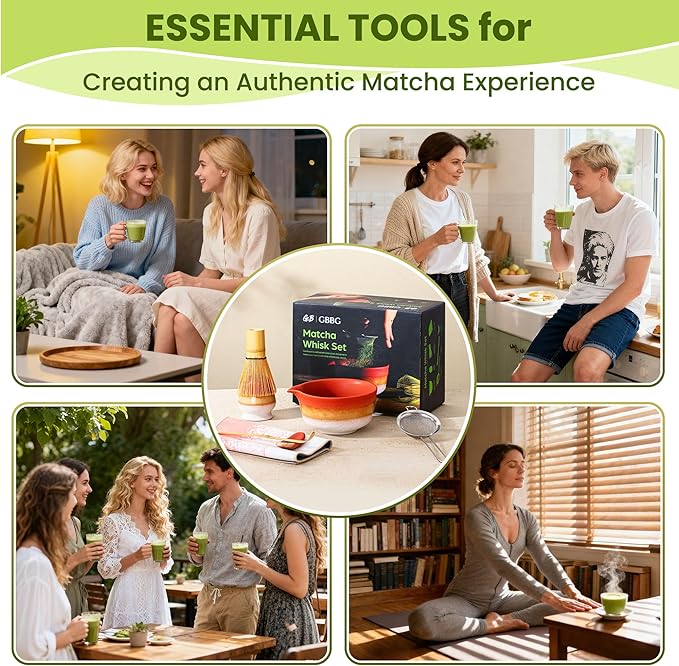 GBBG Matcha Whisk Set, Ceramic Matcha Kit Desert Style, Matcha Whisk and Bowl, Bamboo Scoop and Rest, Sifter and Tea Towel, 7 Pcs Gifts for Matcha Lover - Matte Soil