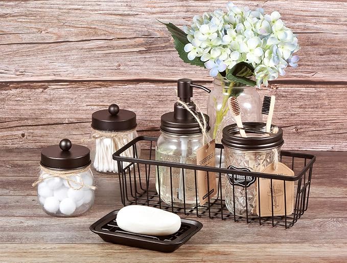 SheeChung Farmhouse Decor Metal Wire Bathroom Storage Organizer Basket Bins - for Cabinets, Shelves, Closets, Vanity Countertops, Under Sinks, Pantry, Laundry Room, Garage - Small, 2 Pack (Bronze)
