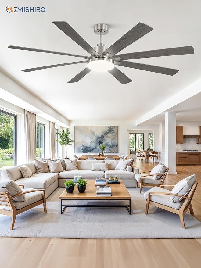 72 Inch Ceiling Fan with Light, Brushed Nickel Modern Ceiling Fan with large LED Panel, Quiet Reversible DC Motor, 6-Speeds, 3CCT, Indoor/Outdoor Ceiling Fans for Living Room, Garage, Bedroom
