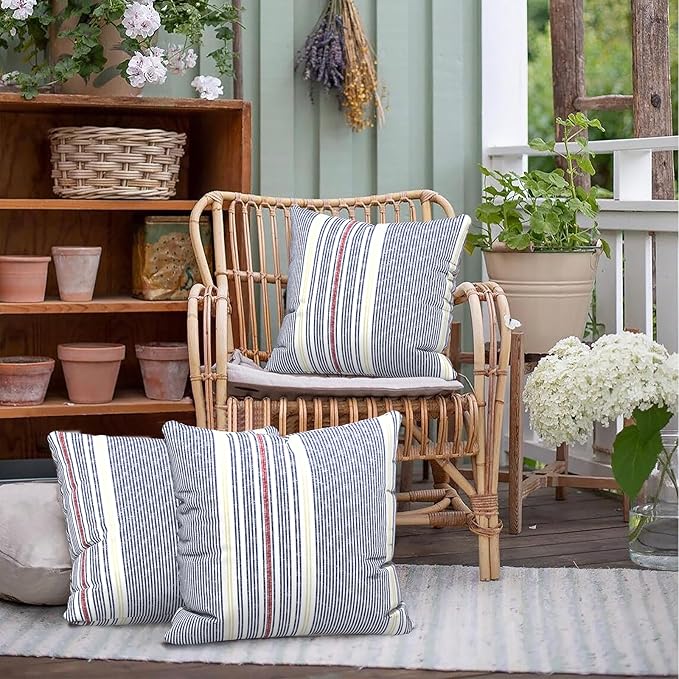 Outdoor Pillows for Patio Furniture 18x18 inch, Square Outdoor Throw Pillows with Inserts, Decorative Toss Pillows for Garden Couch Home Sofa Office Chair, Pack of 2, Stripe Denim Blue