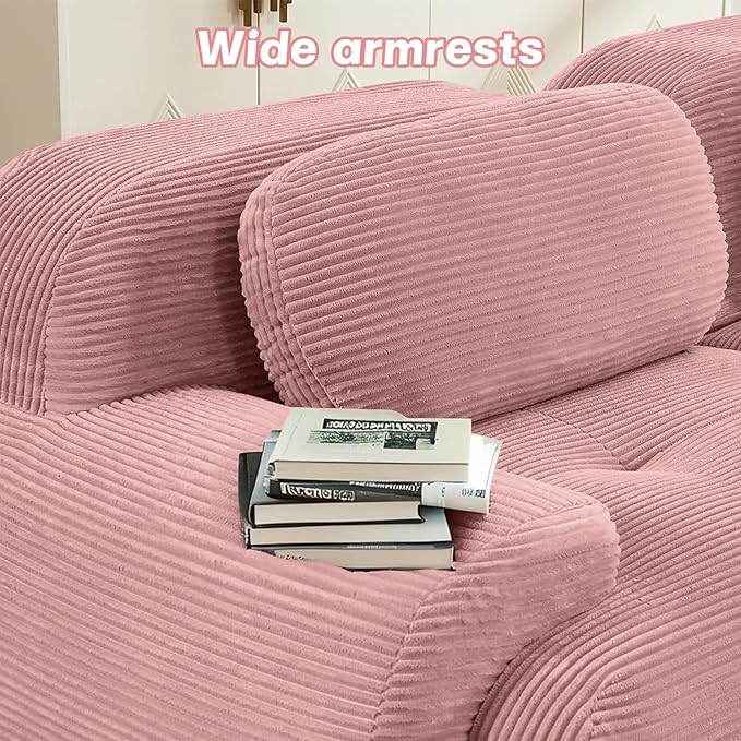 80" Modern Compressed Boneless Love Seat Couches with 1 Ottoman, 2 Seater Large Sectional Couches for Living Room, Pink Corduroy Cloud Modular Sectional Sofa, Memory Foam, Deep Loveseat, No Assembly