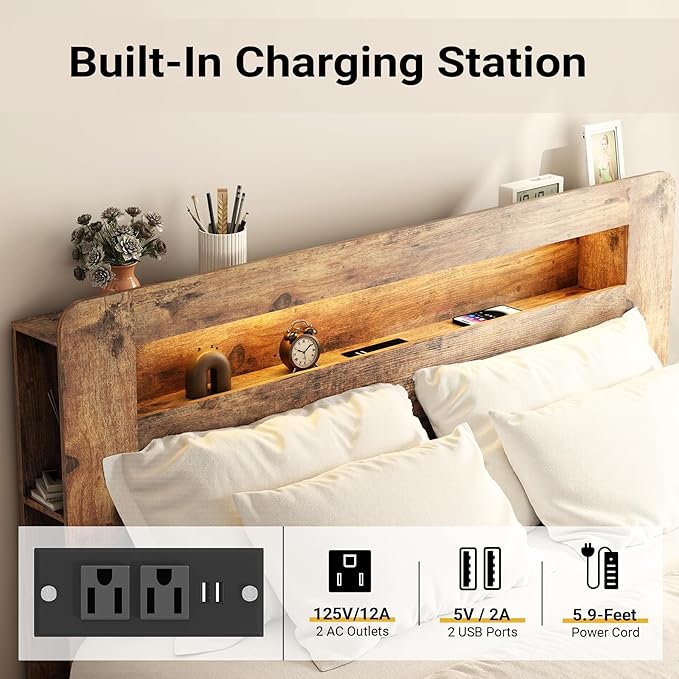 Queen Bed Frame with Headboard, Wooden Platform Bed Frame Queen Size with Bookcase Shelf, LED Lights, Charging Station, Heavy Duty Supports, No Box Spring Needed, Dark Brown