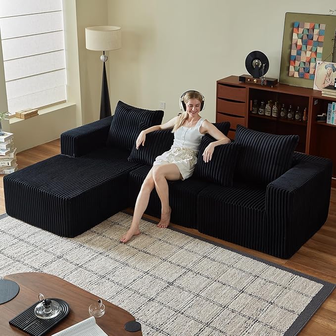 102" Cloud Couch for Living Room,Boneless Couch with Oversized Chaise,Deep Seat Sofa with 5-Pillows for Bedroom,Corduroy Sofa in A Box,Black