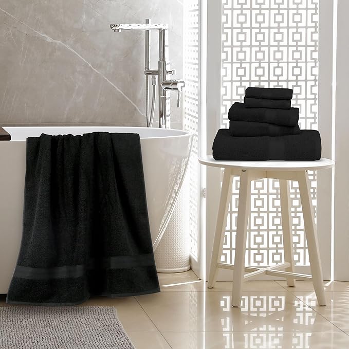Amazon Basics 6 Piece Oversized Fade resistant Towel set, 100% Cotton towels for bathroom, soft and absorbent, 2 Bath Towels, 2 Hand Towels and 2 Washcloths bathroom towel set, Black